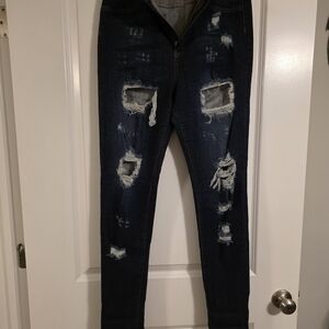Fashion Nova Dark Blue Distressed Skinny Jeans